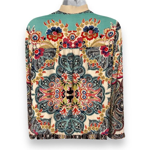 Angie Colorful Bohemian Paisly Print Bomber Jacket floral bright cream pink blue - Picture 4 of 9
